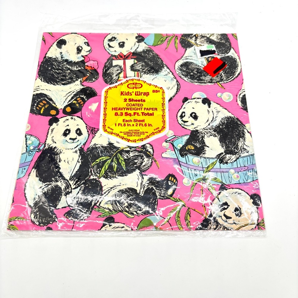 Cleo Wrap Gift Wrap Kids OS Multicolor Vintage Panda Bear 2 Sheets 8.3 Sq Ft